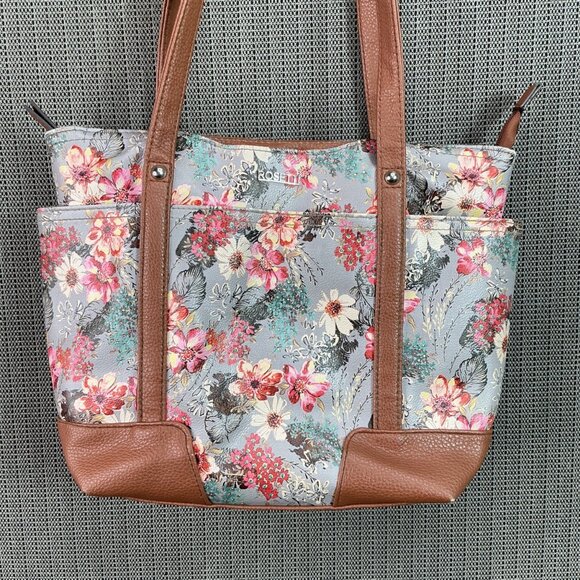 Rosetti Handbags - Rosetti Floral Tote Bag With Tan Faux Leather Accents & Multiple Pockets